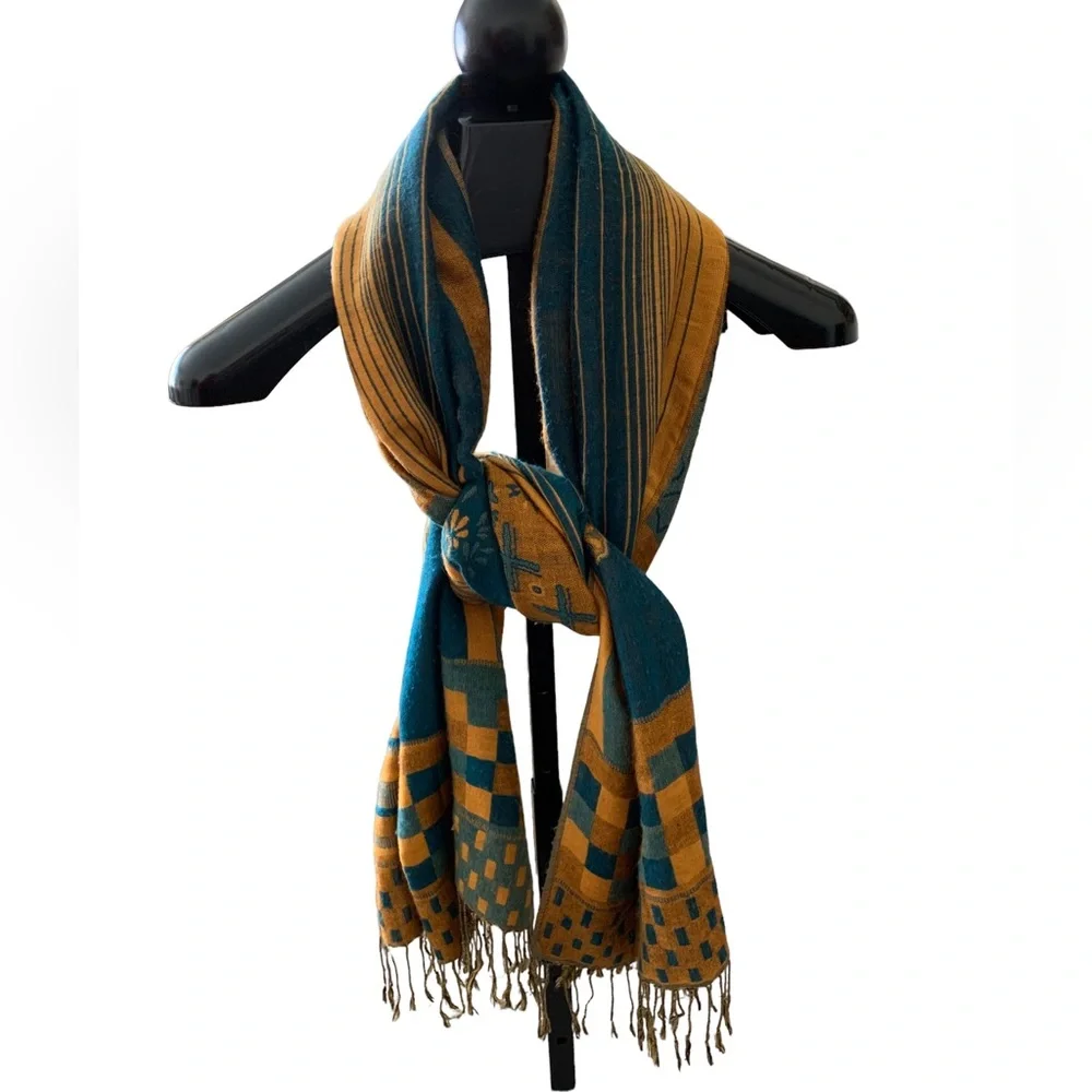Pashmina Shawl Wrap Scarf Turquoise Gold Paisley Wool Large